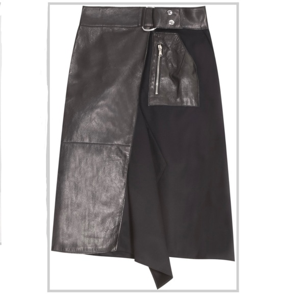Phillip Lim Lamb Leather Silk Belted Asymmetrical Midi Skirt Black Womens Size 4